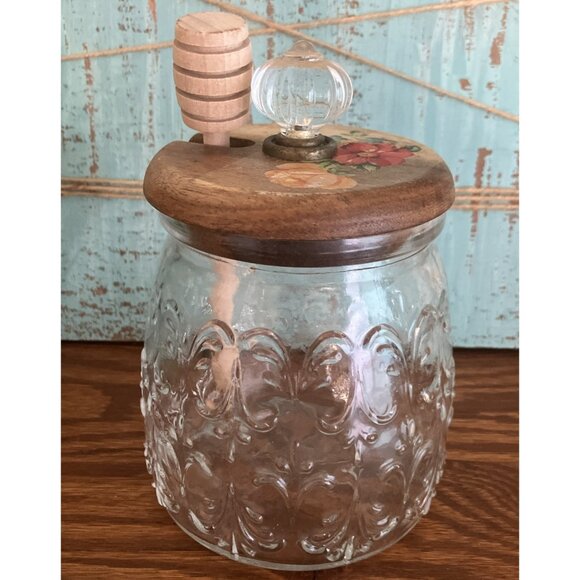 Floral Glass Pioneer Woman Honey Jar With Dripper Cottagecore Country Wooden - Picture 1 of 7